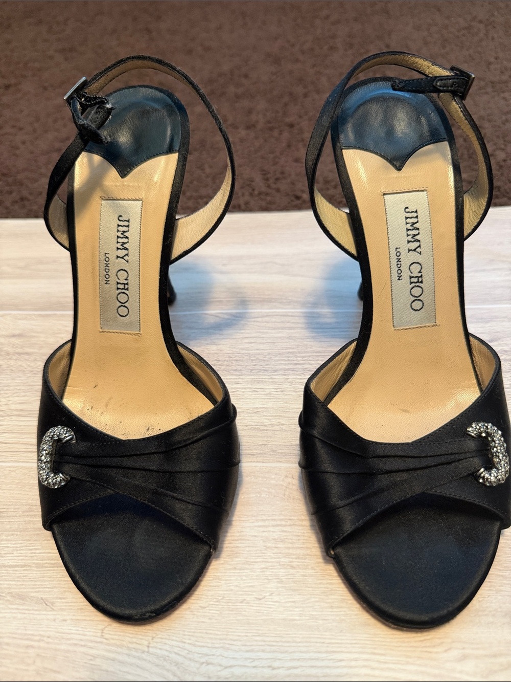 Jimmy Choo Black Satin Open-Toe Heels with Crystal Buckle Accent